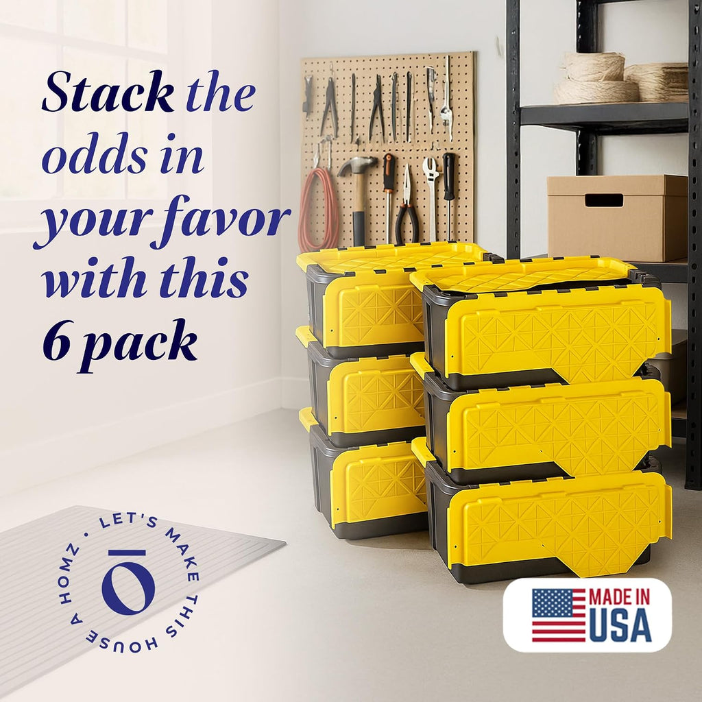 HOMZ 6-Pack Durabilt Tote, Heavy Duty Plastic Storage Bins with Lids, 15 Gallon, Black/Yellow - Stackable Organizing Containers for Home, Garage, and Office