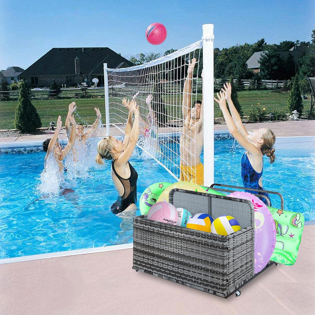 Outdoor Storage, Double Layer Poolside Float Storage, Patio Poolside Float Storage Basket, Storage Box, PE Rattan Outdoor Pool Caddy with Rolling Wheels for Floaties,Beach-Sturdy,Grey