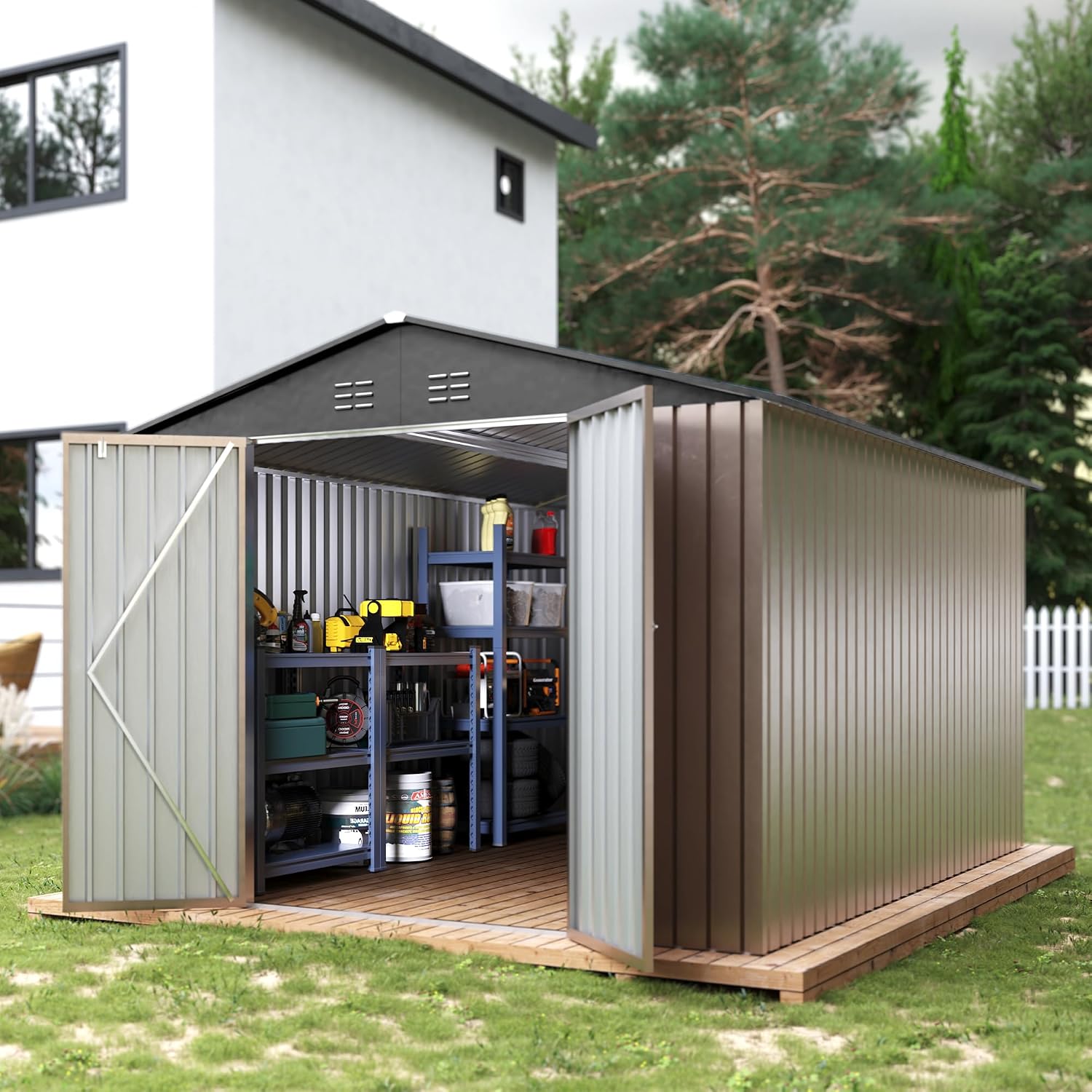 GarveeLife 8 x 12 ft Outdoor Storage Shed, Metal Garden Shed with Updated Frame Structure, Tool Sheds with Lockable Doors, Bike Storage Shed for Backyard Garden Patio Lawn