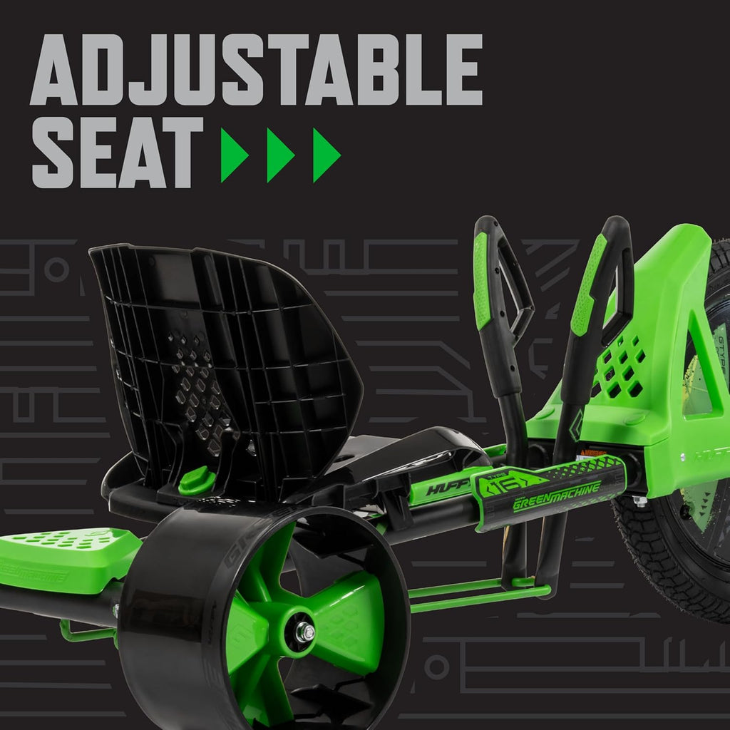 Huffy Green Machine 16 Inch Drift Trike, Sleek Ergonomic Design, Adjustable Seat, Durable Steel Frame, Easy to Operate, Drift Trike for Kids Ages 5-8, Max Weight 80lbs, Coaster Brake, Green and Black
