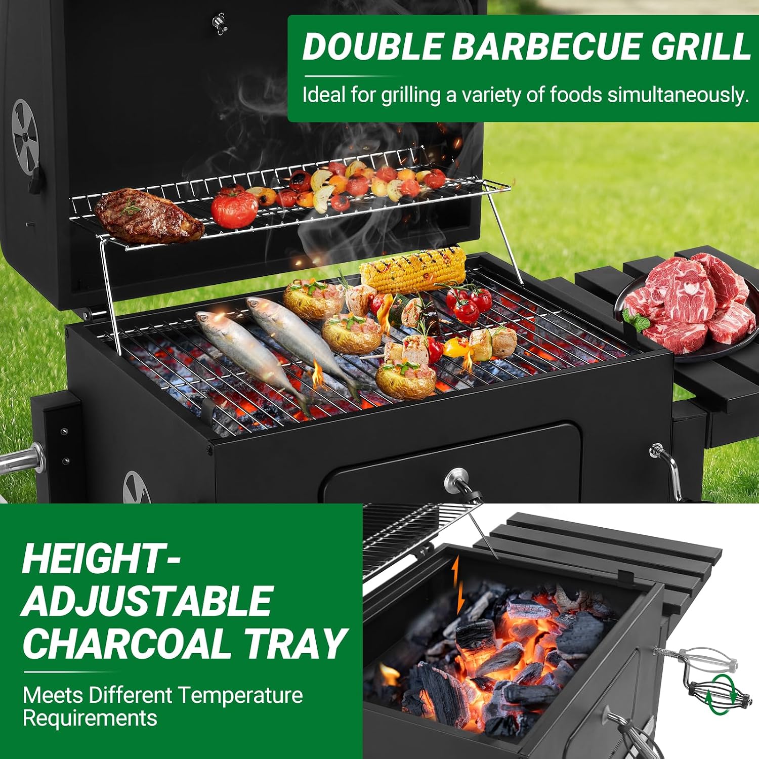Outvita Large Barrel Charcoal BBQ Grills with 794 SQ.IN. Cooking Area, Outdoor Barbecue Grill with Adjustable Charcoal Tray & Foldable Side Table for Backyard Patio Picnic