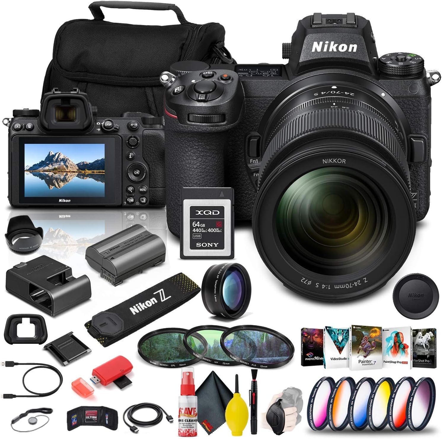 Nikon Z 6II Mirrorless Digital Camera 24.5 MP with 24-70mm f/4 Lens (1663) + 64GB XQD Card + Corel Software + Case + Color Filter Kit + Telephoto Lens + More - International Model