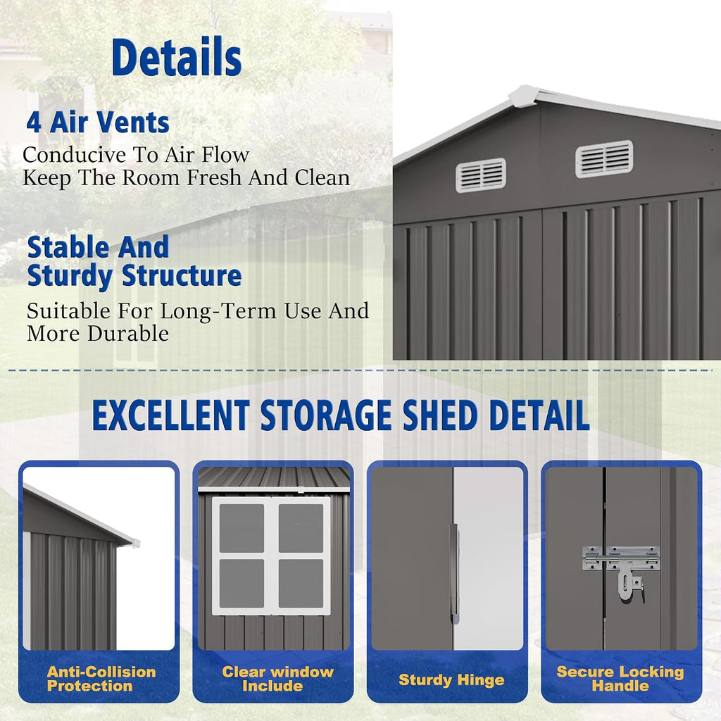 10x8 FT Outdoor Storage Shed, Metal Garden Shed with 4-pane Window, Outside Tool Sheds with Lockable Hinged Doors, Waterproof Storage Building with 4 Air Vents for Backyard, Patio, Lawn, Gray