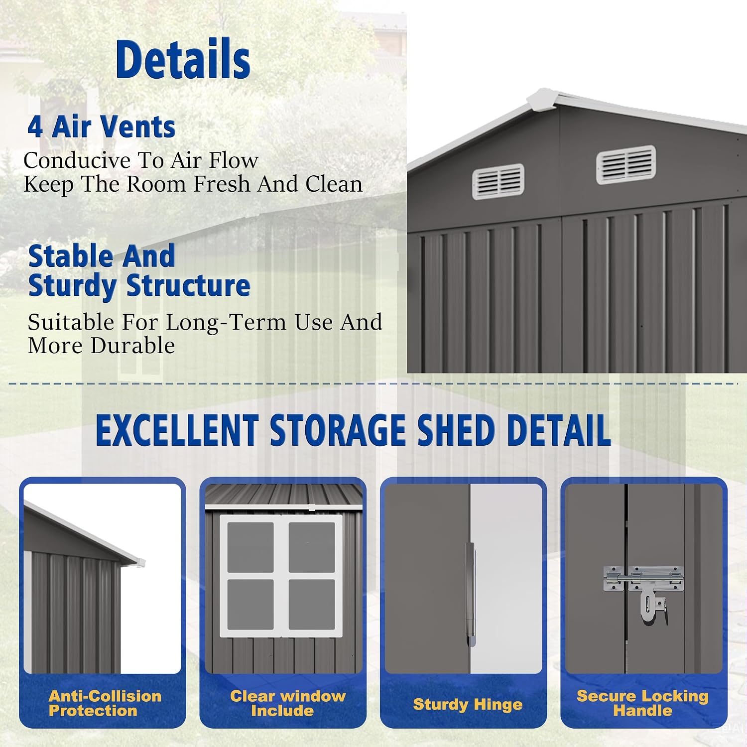 10x8 FT Outdoor Storage Shed, Metal Garden Shed with 4-pane Window, Outside Tool Sheds with Lockable Hinged Doors, Waterproof Storage Building with 4 Air Vents for Backyard, Patio, Lawn, Gray