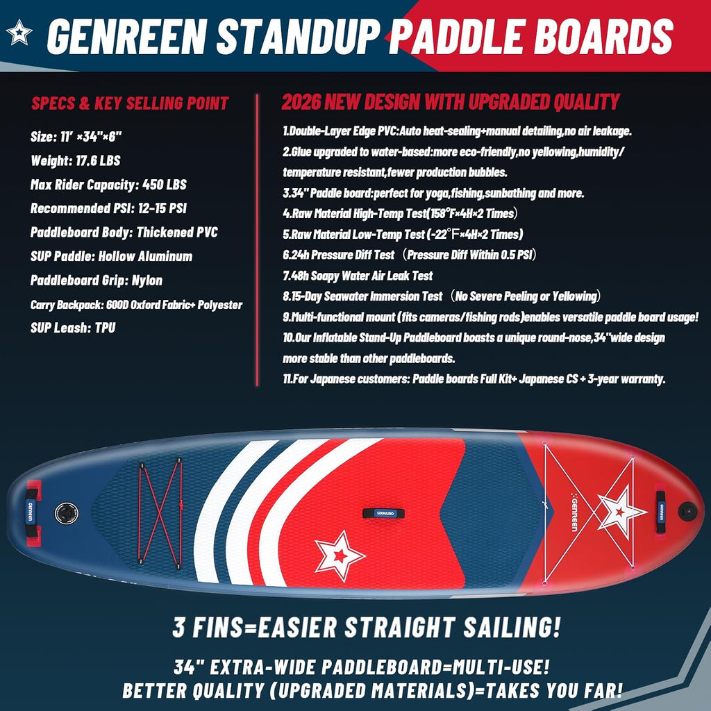 Paddle Board Stand up Paddle Board (Extra Large 11'*33/34') Newly Improved 2 Side Layers 450LBS Quality Inspection×5 (All-Season for JP customers) paddleboards Fishing Family Pet Friendly