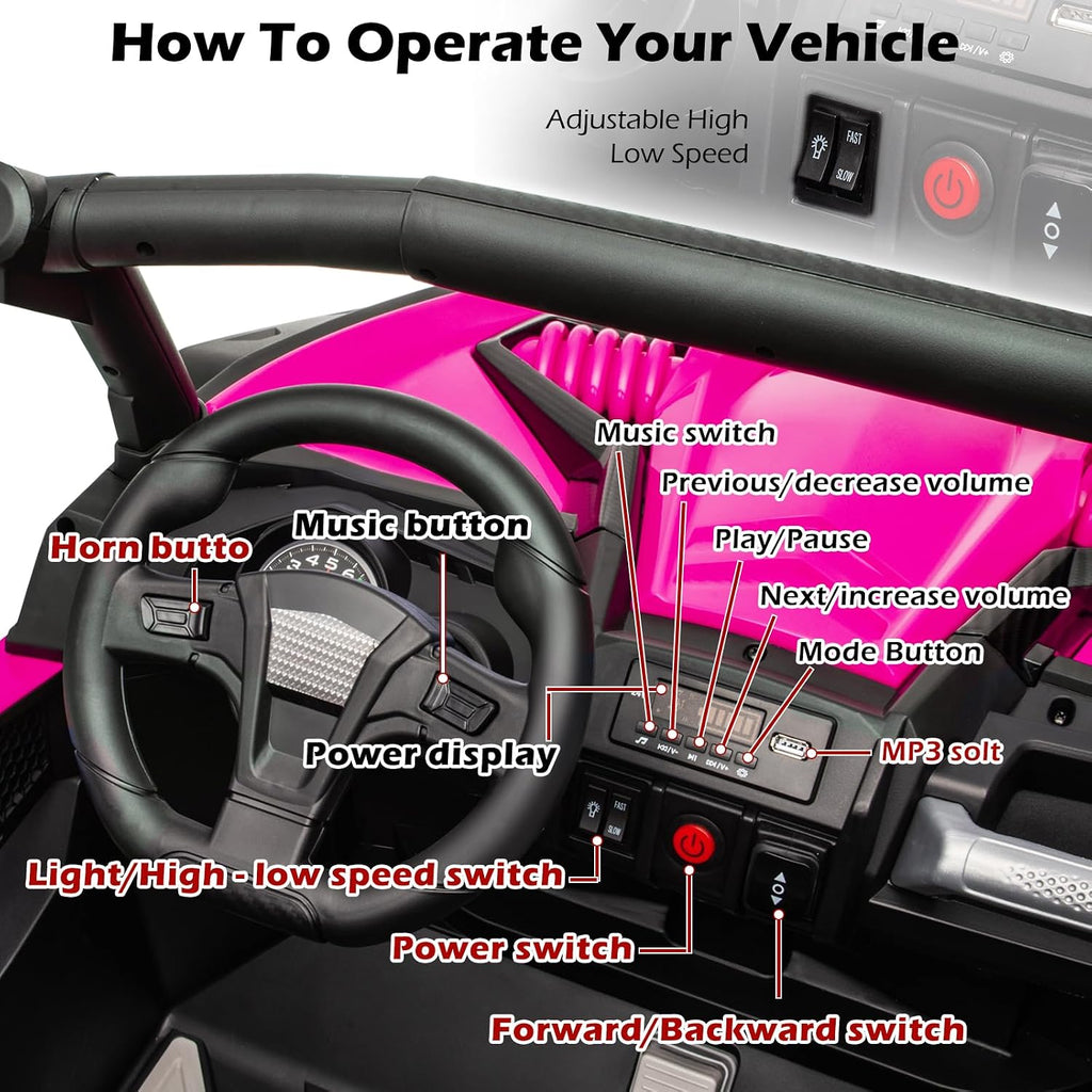 OTTARO 24V XXXL Electric Cars 2 Seater, Ride on Cars Vehicles for Big Kids, 4WD Ride on UTV Truck w/Remote Control, 25' Spacious Seat, 2 Safety Belts, Bright Light, Music Player,Bluetooth（Pink）