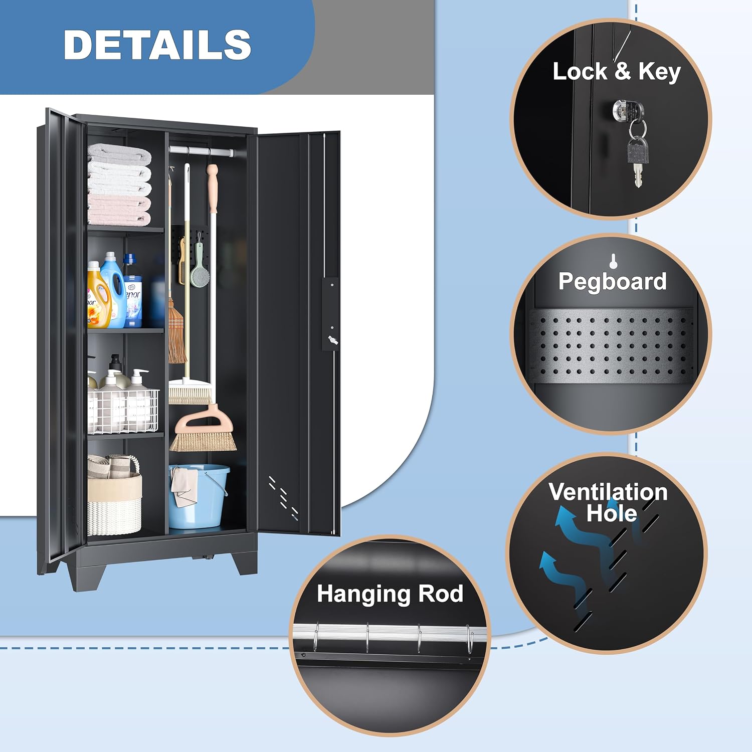 VASAAOSD 61' Broom Closet Storage Cabinet, Metal Storage Cabinet with Doors, Utility Cabinets for Brooms and Mops, Cleaning Tool Cabinets for Garage, Laundry Room, Bathroom
