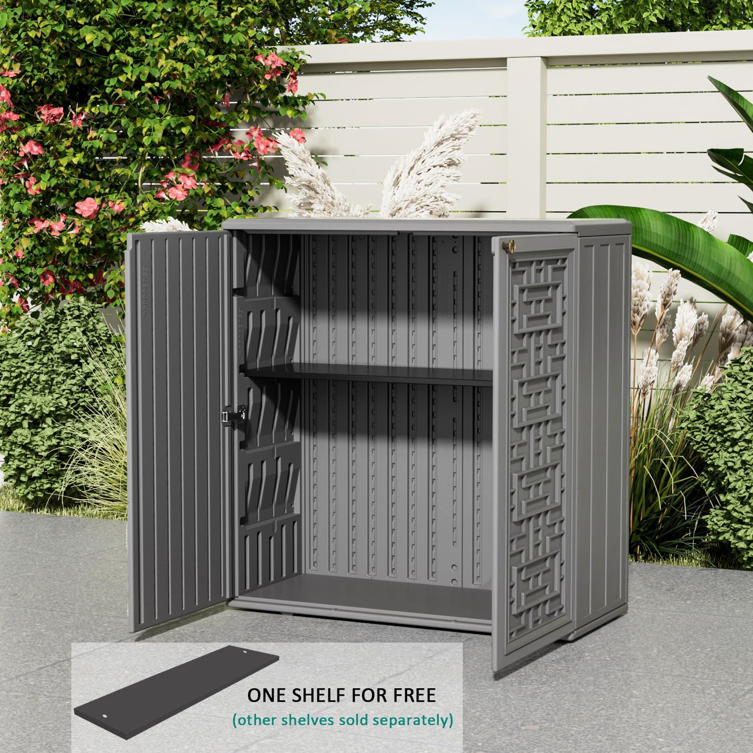 KINYING Outdoor Storage Cabinet Waterproof, Resin 62 Gallon Deck Box for Patio Furniture Cushions, Garden Tools, Pool Tools and Kids' Toys (Grey with 1 Shelving)
