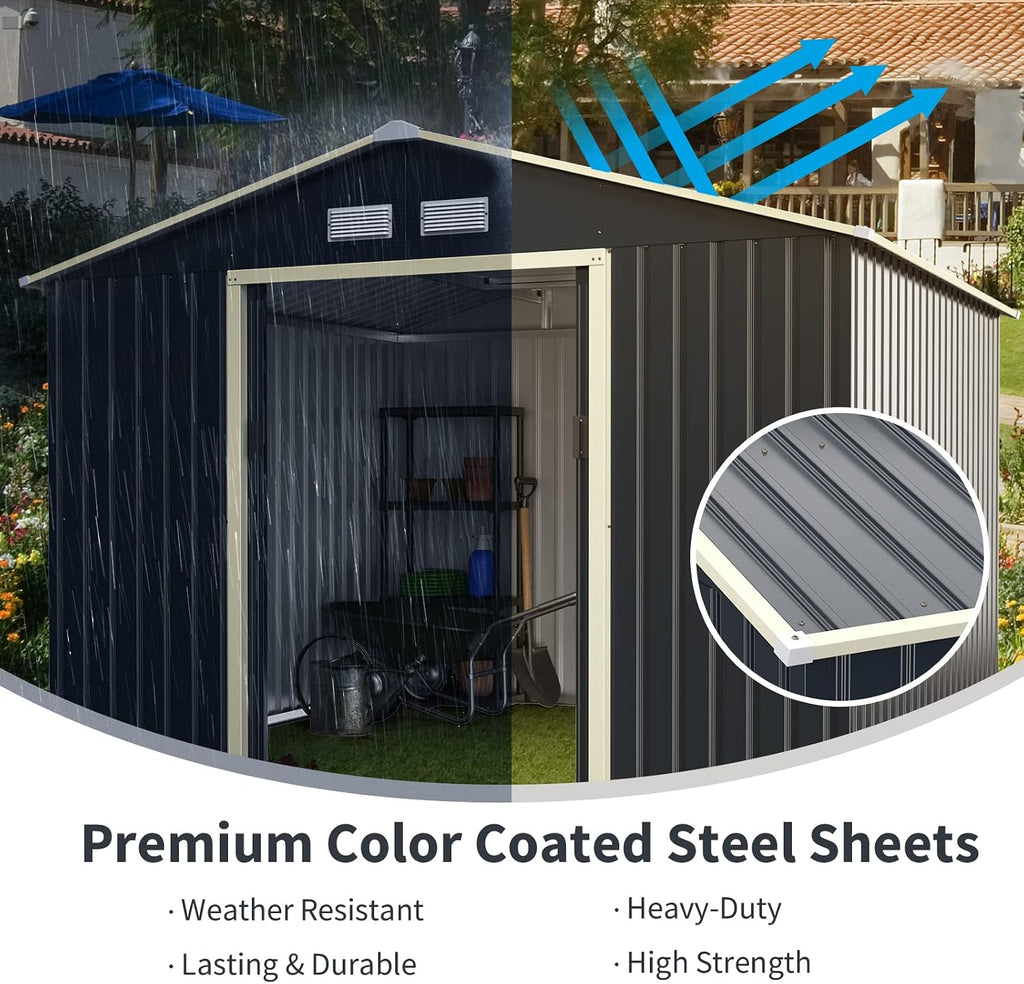 Goplus Outdoor Storage Shed, 9' X 8' Metal Garden Shed with 4 Vents & Double Sliding Door, Utility Tool Shed Storage House for Backyard, Patio, Lawn