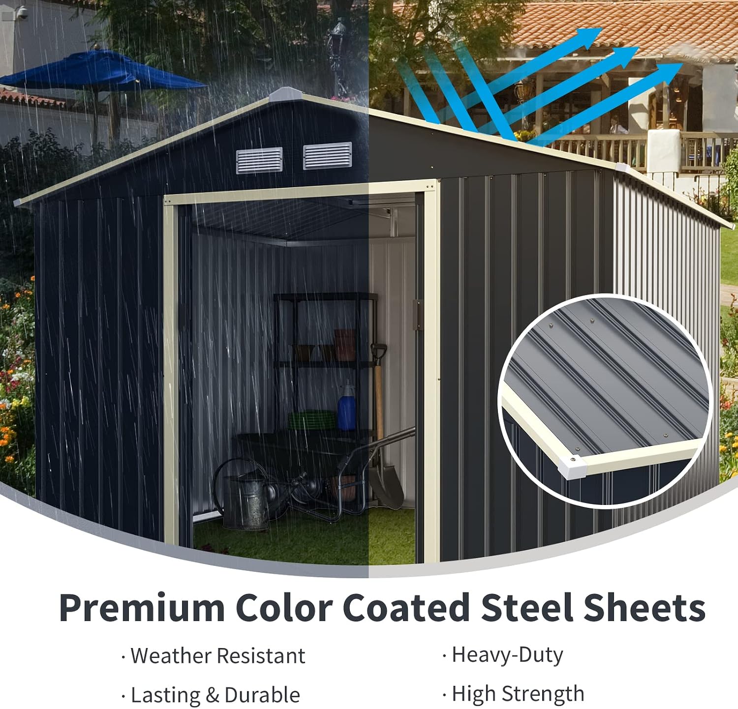 Goplus Outdoor Storage Shed, 9' X 8' Metal Garden Shed with 4 Vents & Double Sliding Door, Utility Tool Shed Storage House for Backyard, Patio, Lawn