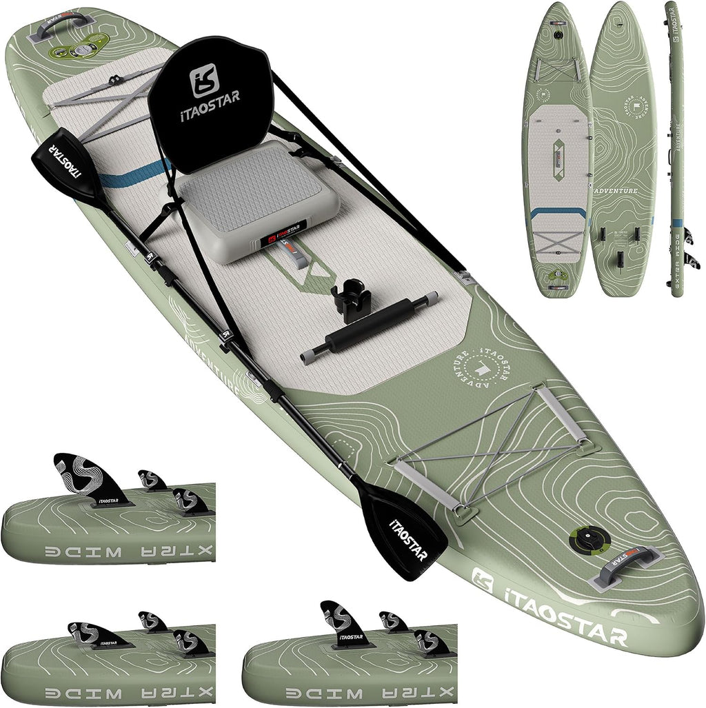 iTAOSTAR Adventure 12' × 35'/39' Inflatable Stand Up Paddle Board with Seat, Extra Wide SUP Board with 5 Fins Stable Design for Adults, Youth, All Skill Levels, Lakes, Oceans & Fishing