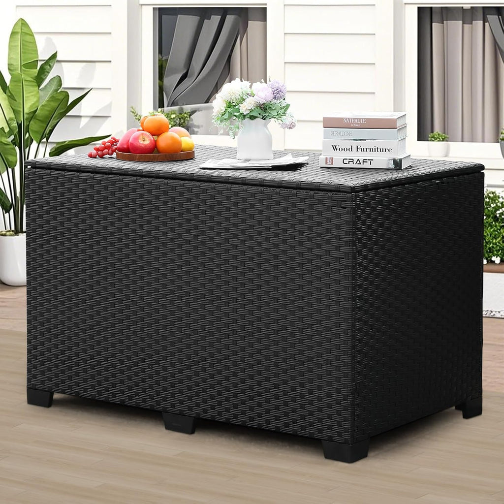 Lviden 140 Gallon Outdoor Storage Box Wicker Patio Storage Bin with Waterproof Lining Bag Deck Box and Cushion Storage Bin Outdoor, Black