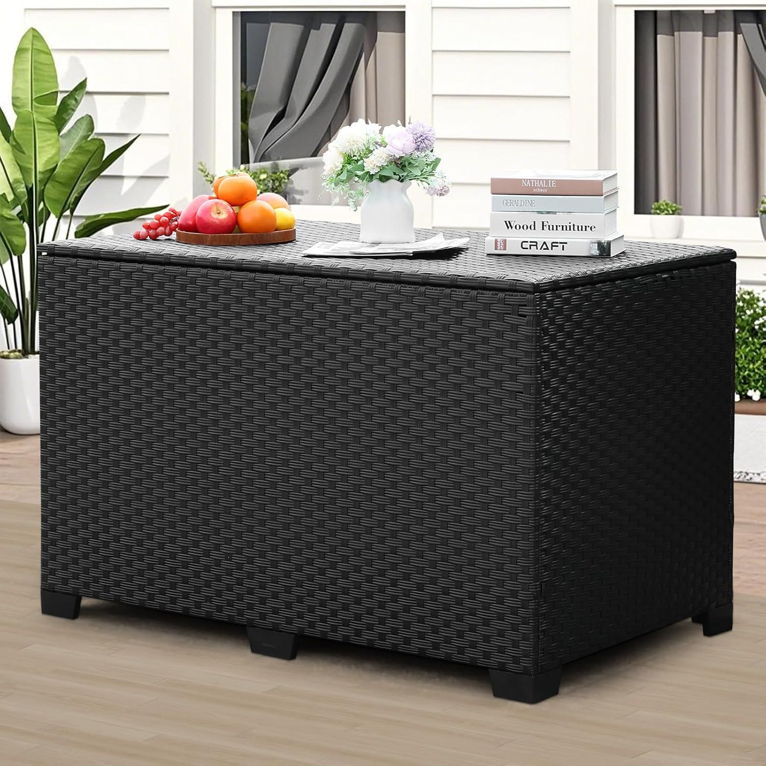 Lviden 140 Gallon Outdoor Storage Box Wicker Patio Storage Bin with Waterproof Lining Bag Deck Box and Cushion Storage Bin Outdoor, Black