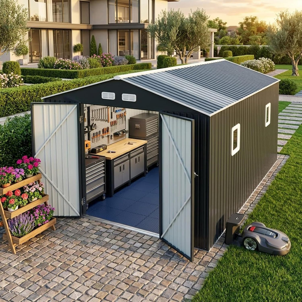 K Knowbody 10x12 FT Metal Shed with Floor Kit, 20-Gauge Reinforced Frame with Powder Coating, 50 PSF Snow Load & 120 MPH Wind Rated, Large Outdoor Storage Building with Skylight for Garden & Bike