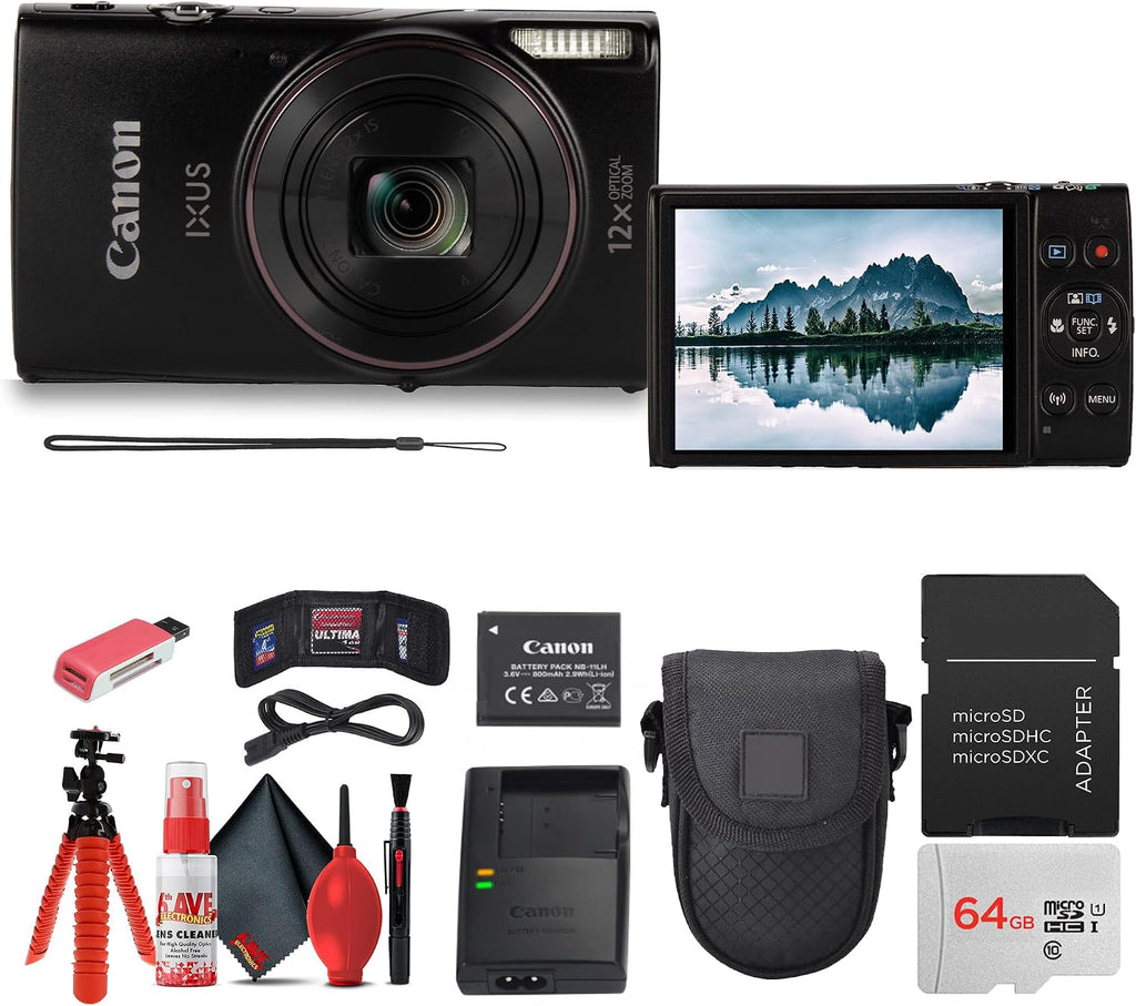 Canon PowerShot IXUS 285 HS A Digital Camera (Black) 12x Optical Zoom Wi-Fi Enabled Point & Shoot with 64GB Card, Case, Flex Tripod, Cleaning Kit + More