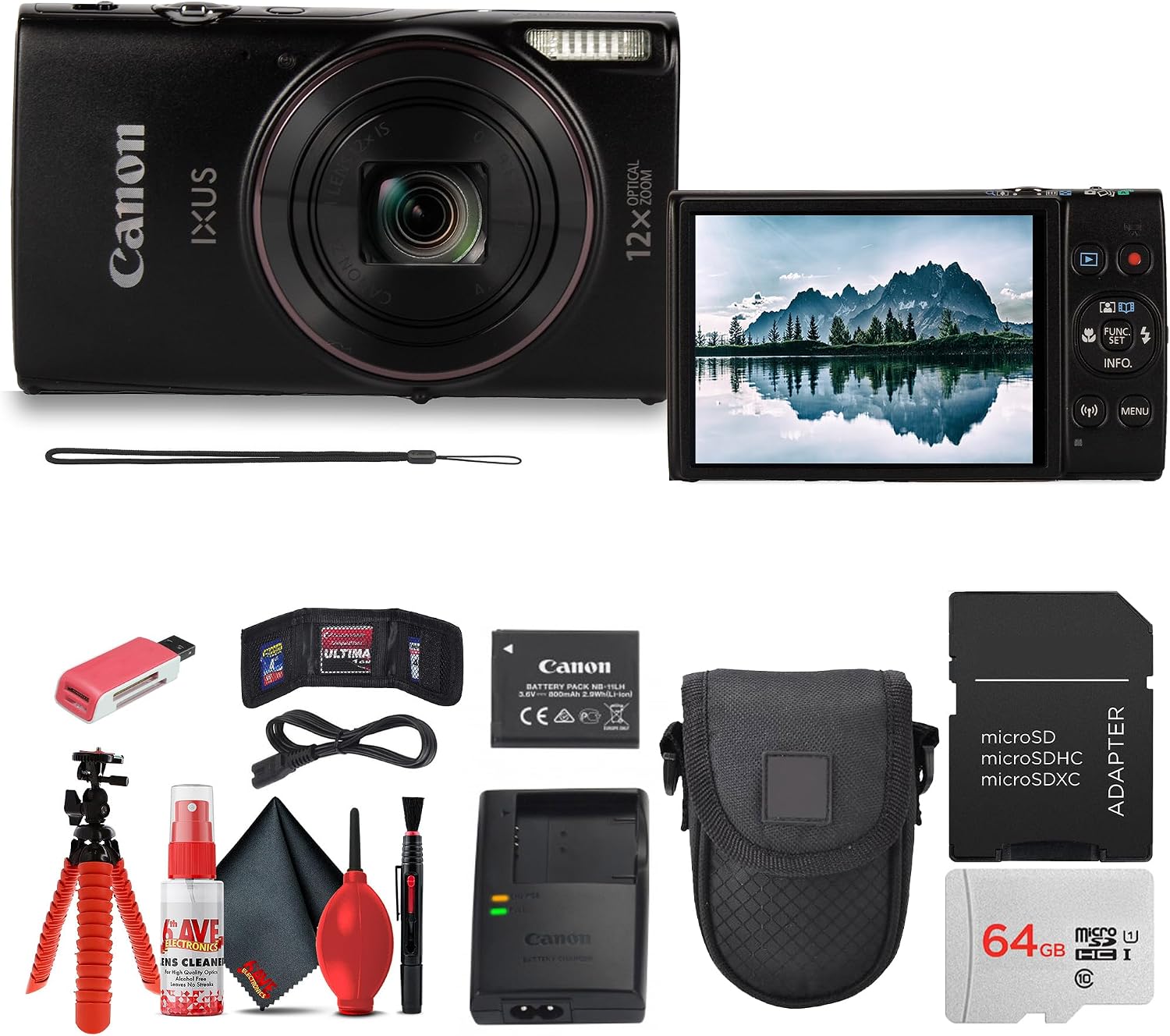 Canon PowerShot IXUS 285 HS A Digital Camera (Black) 12x Optical Zoom Wi-Fi Enabled Point & Shoot with 64GB Card, Case, Flex Tripod, Cleaning Kit + More