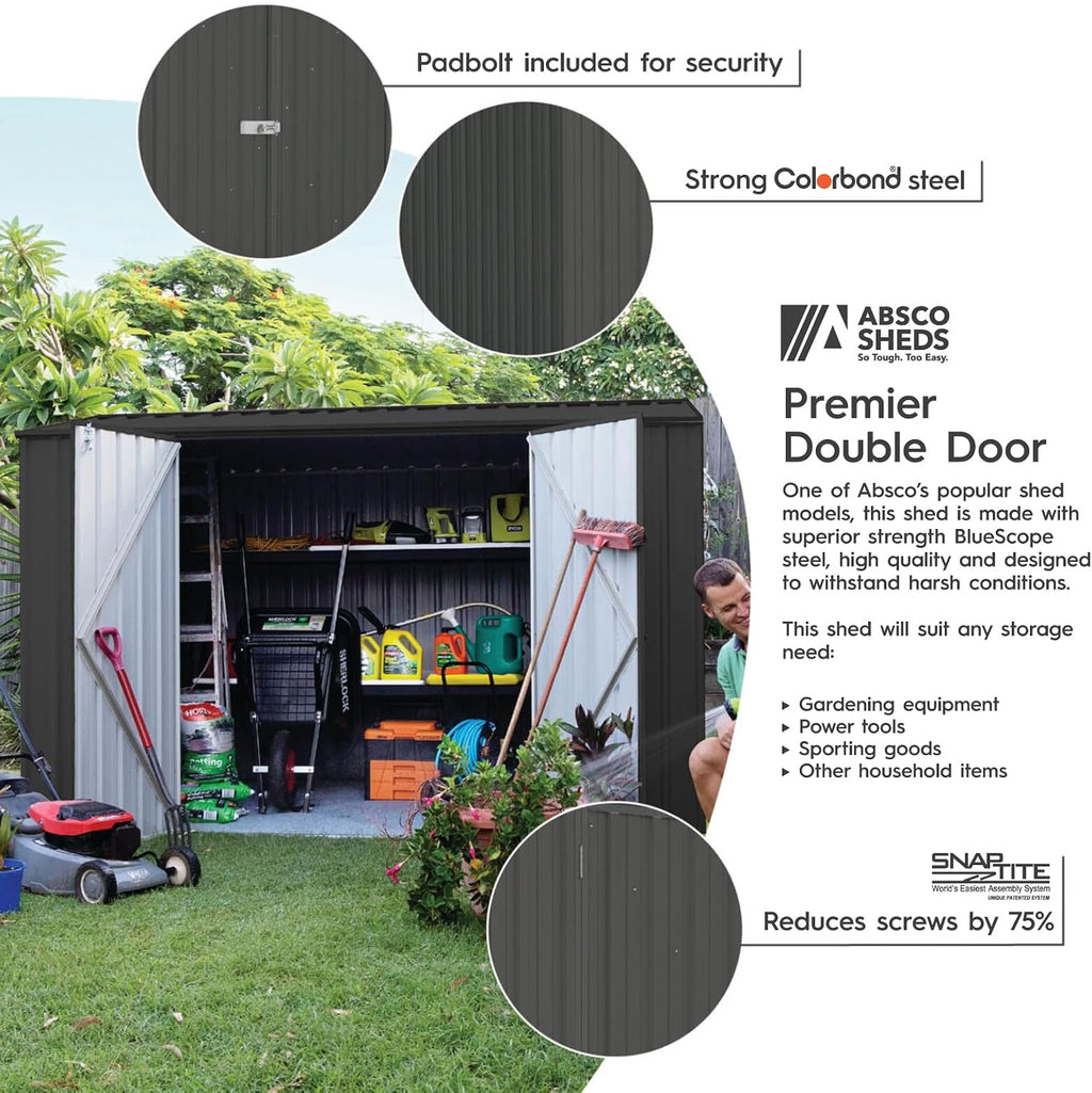 Absco Premier Storage Sheds, 10'x7' Metal Garage, DIY Backyard Shed, Utility Tool Storage, Weather & Wind Resistant Aluminum Panels & Steel Frame, Maintenance-Free, 12 Year Warranty, Monument Gray