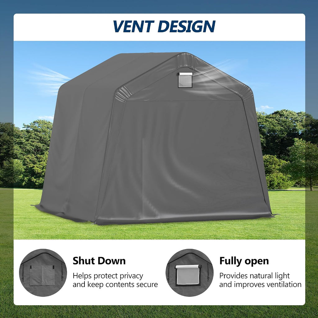 COVERONICS 10' x 10' Outdoor Storage Shed - Heavy Duty Portable Shelter Carport with Ventilation Windows and Roll-up Doors, Storage Shelter Tent for Motorcycle, Bike, Lawnmower and Garden Tools, Grey