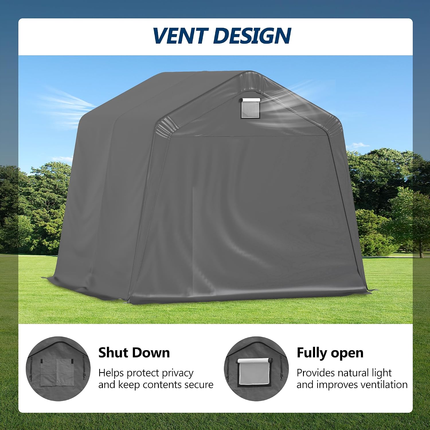 COVERONICS 10' x 10' Outdoor Storage Shed - Heavy Duty Portable Shelter Carport with Ventilation Windows and Roll-up Doors, Storage Shelter Tent for Motorcycle, Bike, Lawnmower and Garden Tools, Grey