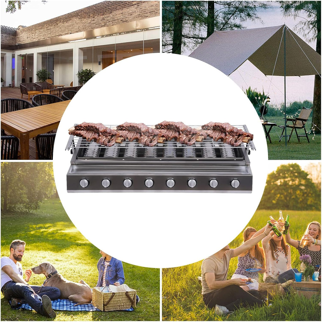 Gas BBQ Grill Stainless Steel Outdoor Camp Picnic Barbecue Shish Kabob 8 Burner Griddle Flat Top Grill Portable Barbecue Grill Countertop Smokeless Grill Non-Stick Cooking Removable Grill Baking