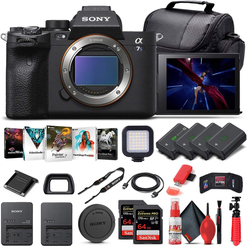 Sony Alpha a7S III Mirrorless Digital Camera (Body Only) (ILCE7SM3/B) + 2 x 64GB Memory Card + 3 x NP-FZ-100 Battery + Corel Photo Software + Case + Card Reader + LED Light + More (Renewed)