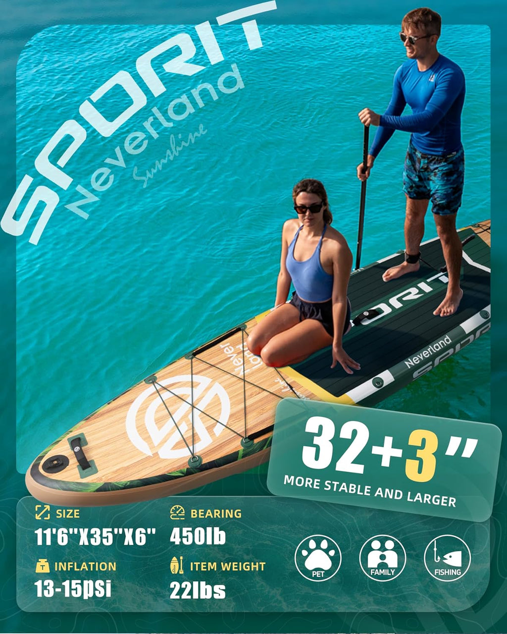11'6×35' Super Wide Inflatable Stand Up Paddle Board, Ultra Stable SUP Board for Adults, 450lb Capacity with Shoulder Strap, 100L Backpack, Removable US Fin, Floating Paddle, Safety Leash