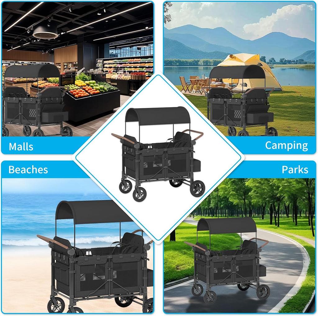 4 Seater Wagon Stroller,Foldable Stroller with Safety Belt, Puncture-Proof Tires, All-Terrain Wagon with 360° Swivel Lockable Wheels, Large Storage Bag, Canopy,51.18 * 31.5 * 43.31 in.