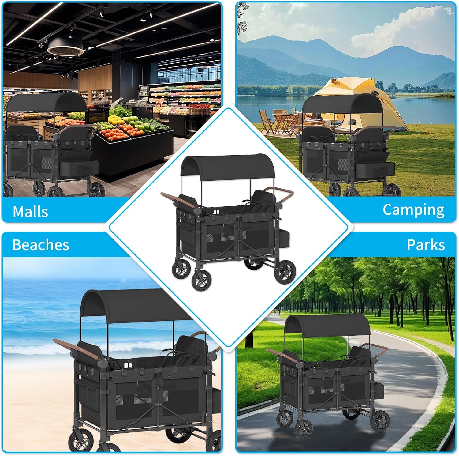 4 Seater Wagon Stroller,Foldable Stroller with Safety Belt, Puncture-Proof Tires, All-Terrain Wagon with 360° Swivel Lockable Wheels, Large Storage Bag, Canopy,51.18 * 31.5 * 43.31 in.
