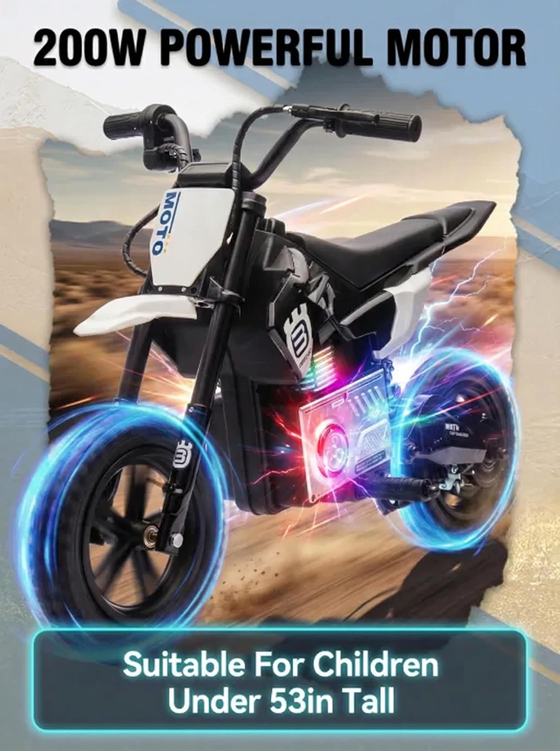 Electric Motorcycle for Kids Ages 5-10, 24V 200W Higher Speed Electric Dirt Bike, Kids Ride On Motorcycle with Rear Wheel Shock Absorber, LED Breath Light, Bluetooth, Music, Horn, Black