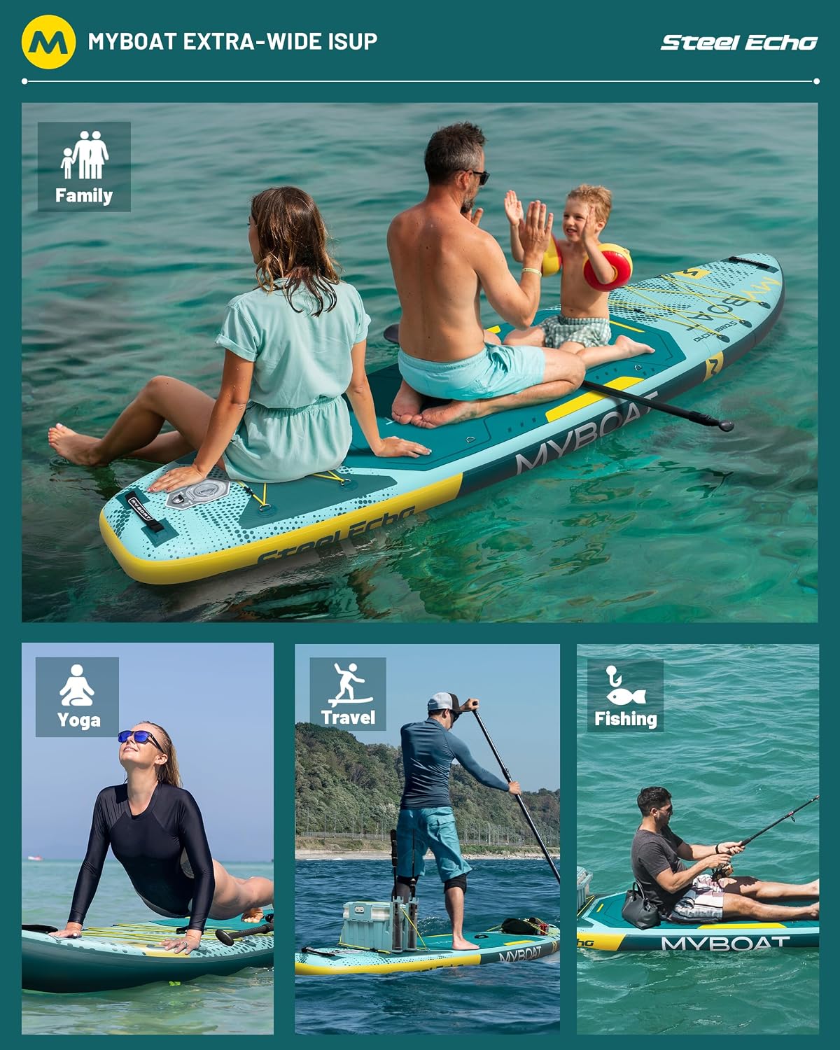 MYBOAT 11'6' Extra Wide Inflatable Paddle Board, 450LB Max Capacity Stable SUP for 2-3 People, Non-Slip Stand Up Board for Beginners & Fishing, Versatile 15 D-Rings, Dual Bungee, 3-Fin Stability