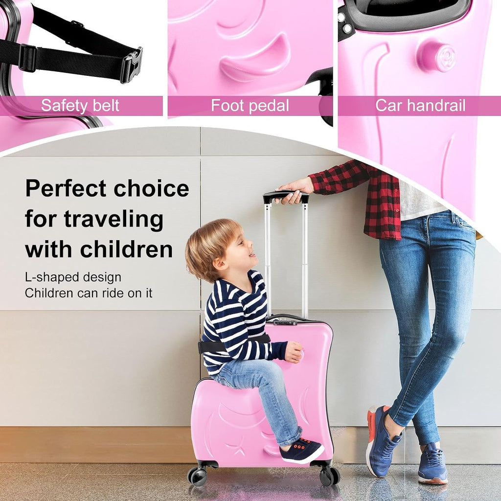 22 Inch Kid Ride Suitcase, Kid Luggage Seat Ride With Lock - Kids Travel Trolley With Safety Belt, Luggage For Kids Airplane Travel,Suitcase To Aged 1-6 Years Old,ABS+PC(Pink)