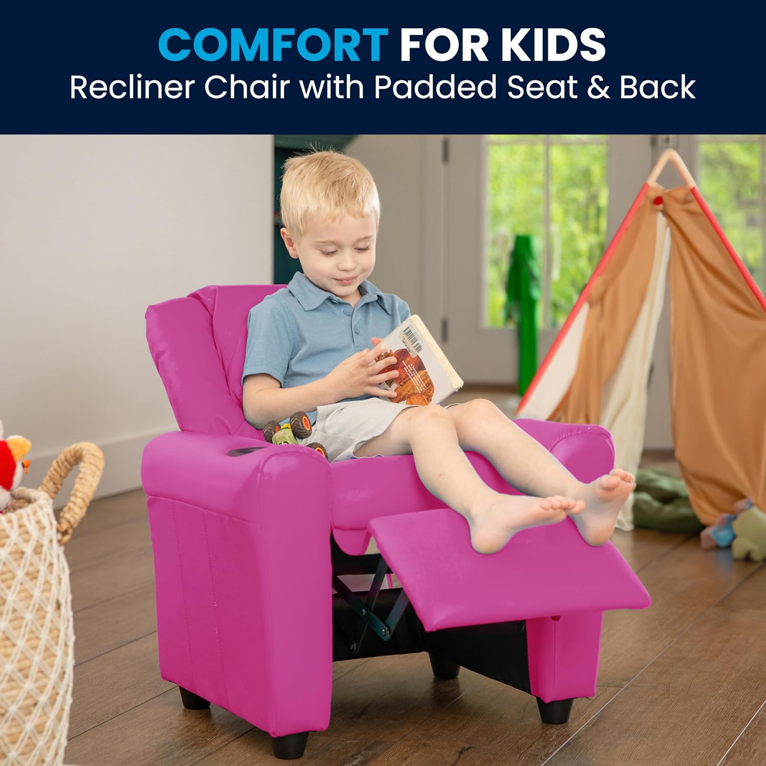 Flash Furniture Vana Vinyl Kids Recliner with Cup Holder, Headrest, and Safety Recline, Contemporary Reclining Chair for Kids, Supports up to 90 lbs., Hot Pink