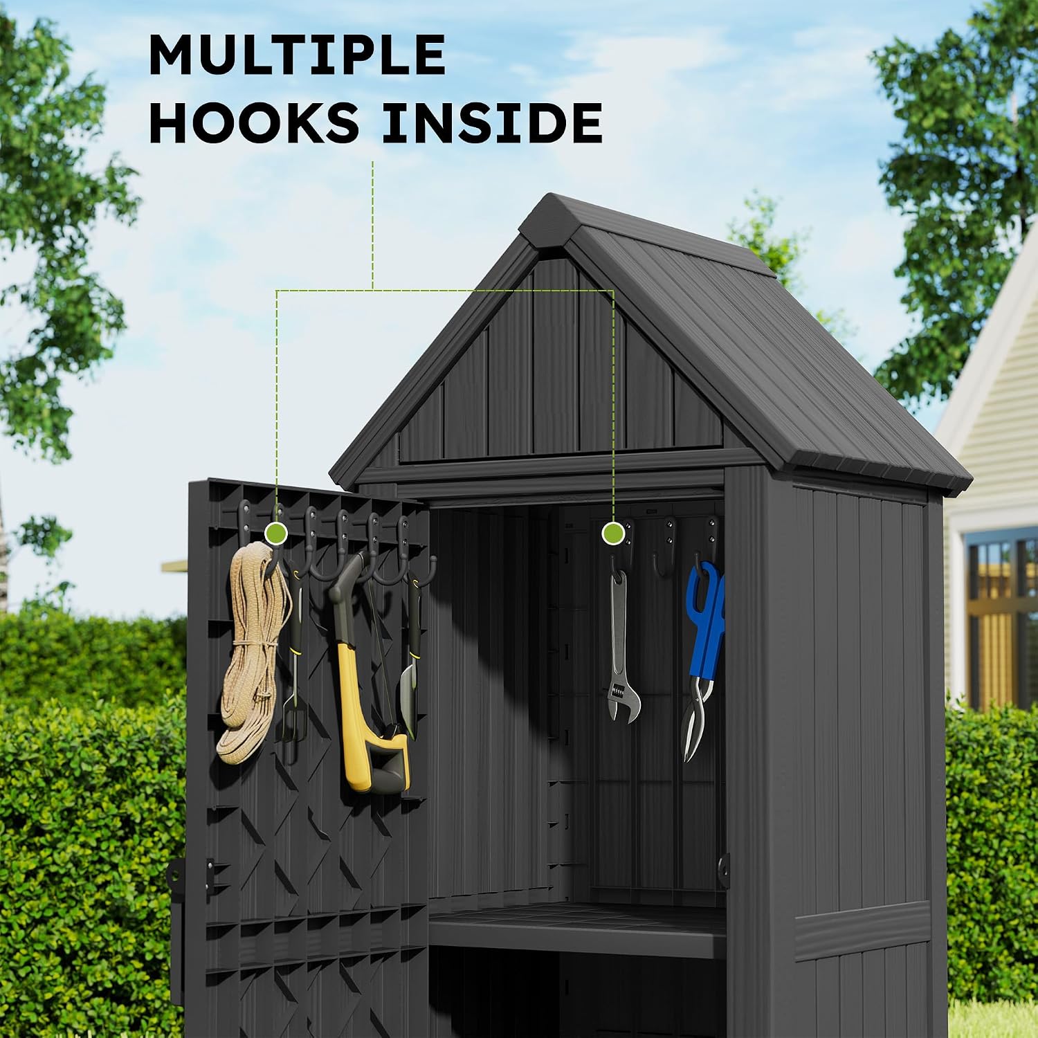 Vertical Outdoor Storage Shed, Waterproof Resin Outdoor Storage Cabinet with Removable Shelves & 12 Hooks, Lockable Small Tool Shed for Garden, Backyard, Patio, Pool, Black