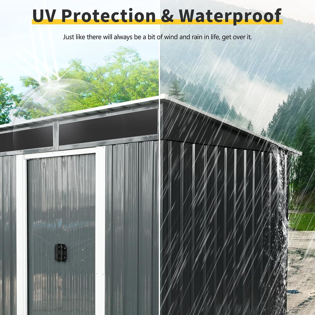 6x5 ft Outdoor Metal Storage Shed with Foundation Frame, Galvanized Steel Tool Shed with Lockable Sliding Door, Transparent Plate and Air Vent, Waterproof Garden Storage House for Backyard, Patio