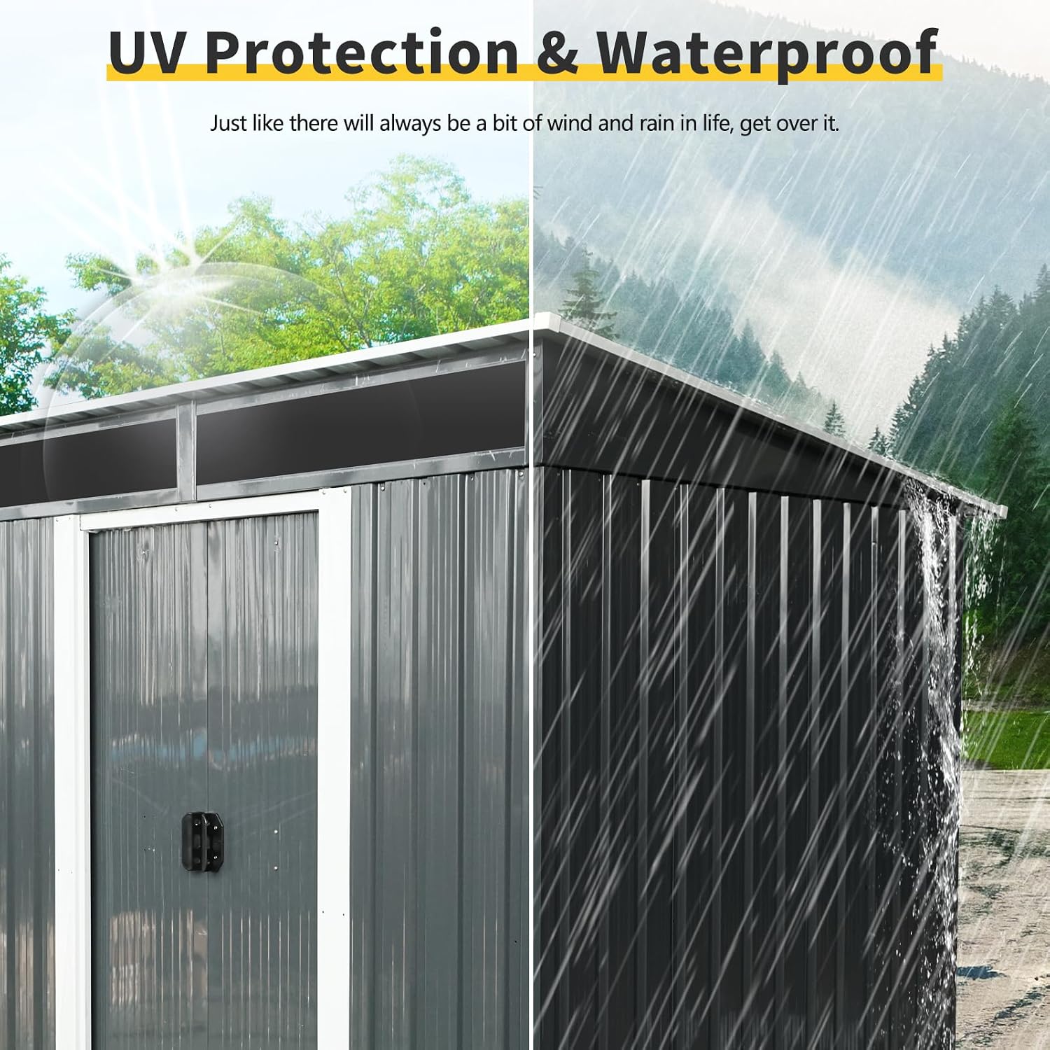 6x5 ft Outdoor Metal Storage Shed with Foundation Frame, Galvanized Steel Tool Shed with Lockable Sliding Door, Transparent Plate and Air Vent, Waterproof Garden Storage House for Backyard, Patio