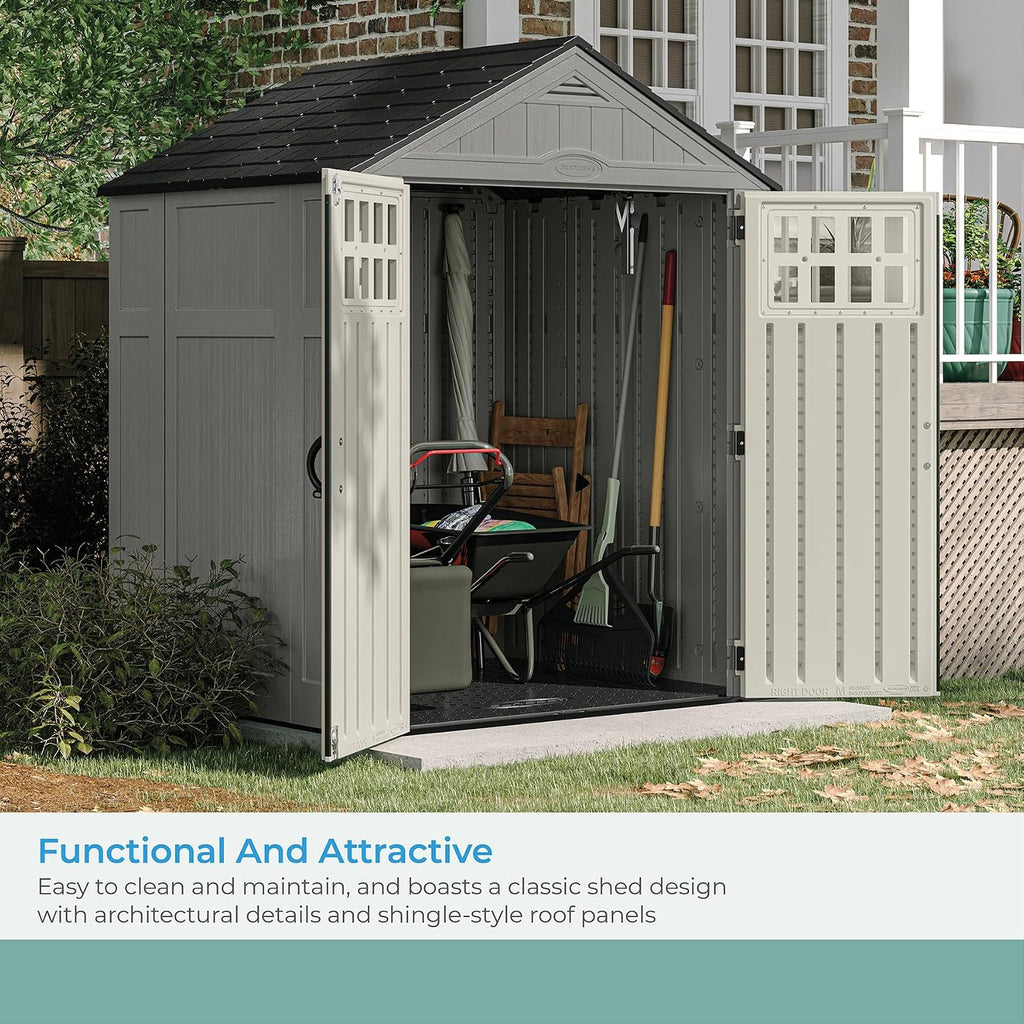 Suncast Everett 6' x 5' Heavy-Duty Resin Outdoor Storage Shed with Pad-Lockable Double Doors and Windows, All-Weather Shed for Yard Storage, Dove Gray