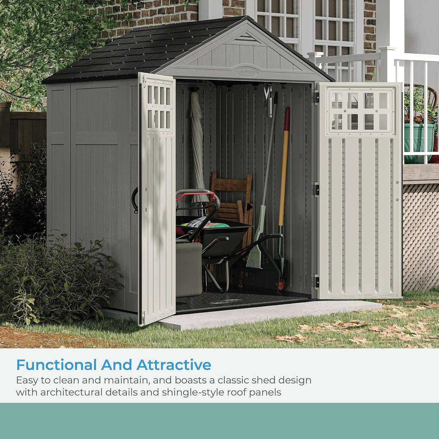 Suncast Everett 6' x 5' Heavy-Duty Resin Outdoor Storage Shed with Pad-Lockable Double Doors and Windows, All-Weather Shed for Yard Storage, Dove Gray