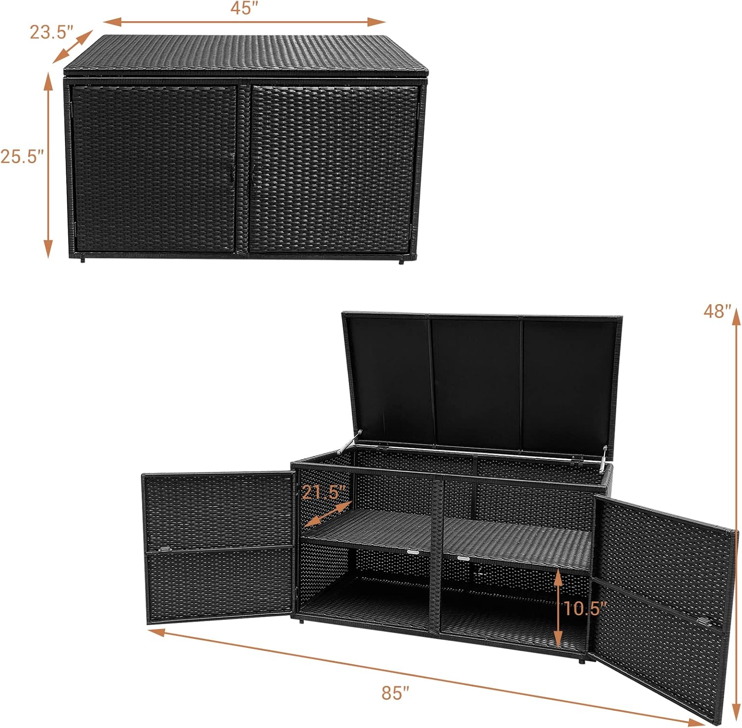Giantex Rattan Deck Box Outdoor&Indoor 88 Gallon Wicker Storage Bench W/Separate Storage Shelf, Openable Door, Steel Fram, Tools Storage for Patio,Garden, Balcony, Porch, Yard Storage Box (Black)