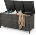 Tangkula Rattan Deck Box, 85 Gallon Storage Container with Waterproof Liner, Wheels & Gas Strut, Indoor Outdoor Wicker Storage Cabinet, Storage Furniture for Pillows, Cushions (Brown)