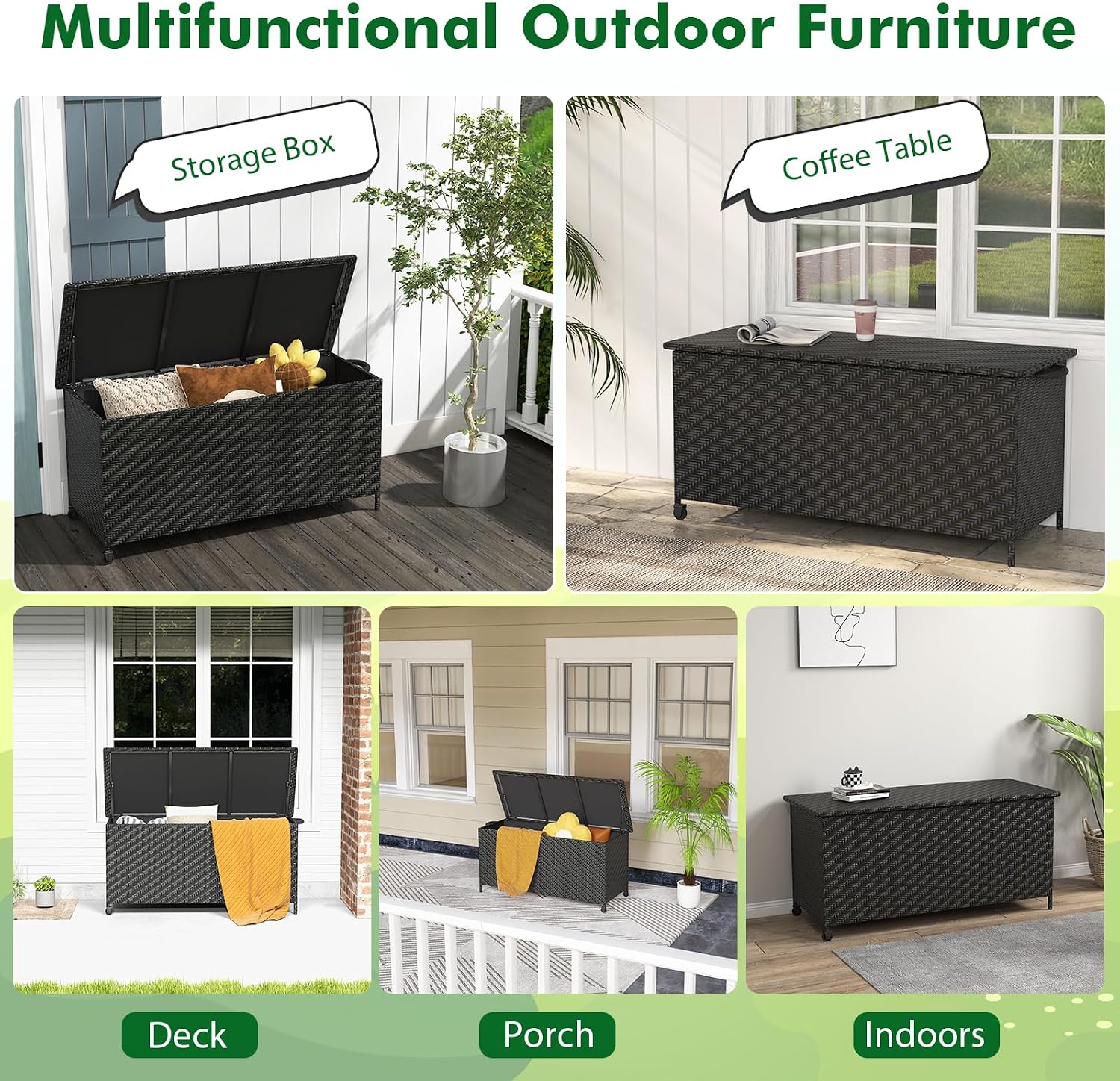 Tangkula Tightly-Woven Rattan Deck Box, Patiojoy Storage Cabinet Container with Polyester Liner, Universal Wheels & Gas Strut, 85 Gallon Indoor Outdoor Storage Box for Pillows, Cushions (Black)
