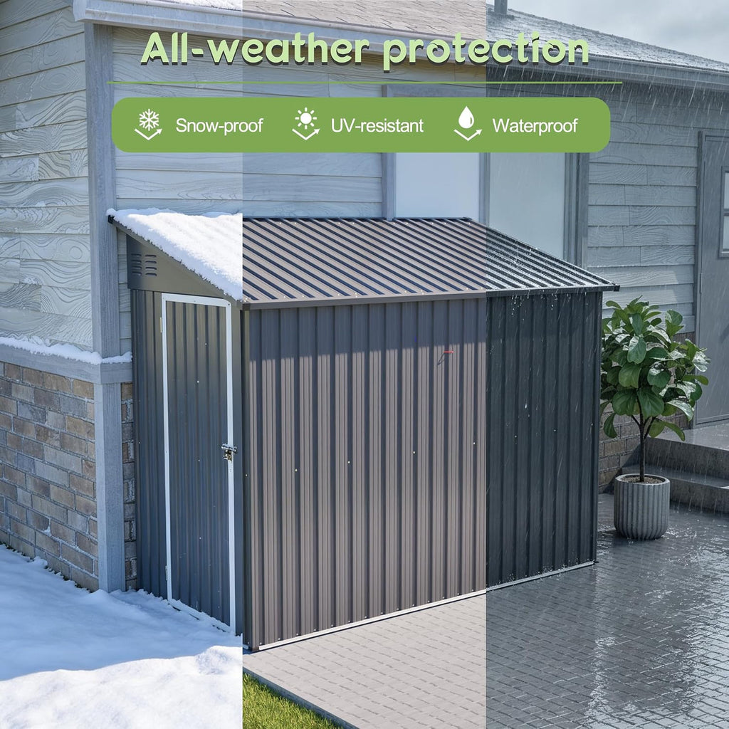 Outdoor Metal Storage Shed 4 x 8 ft, Garden Shed Lean to shed for Bike, Tool Outside Shed with Floor Base, Lock, Door for Backyard, Patio, Lawn, Grey