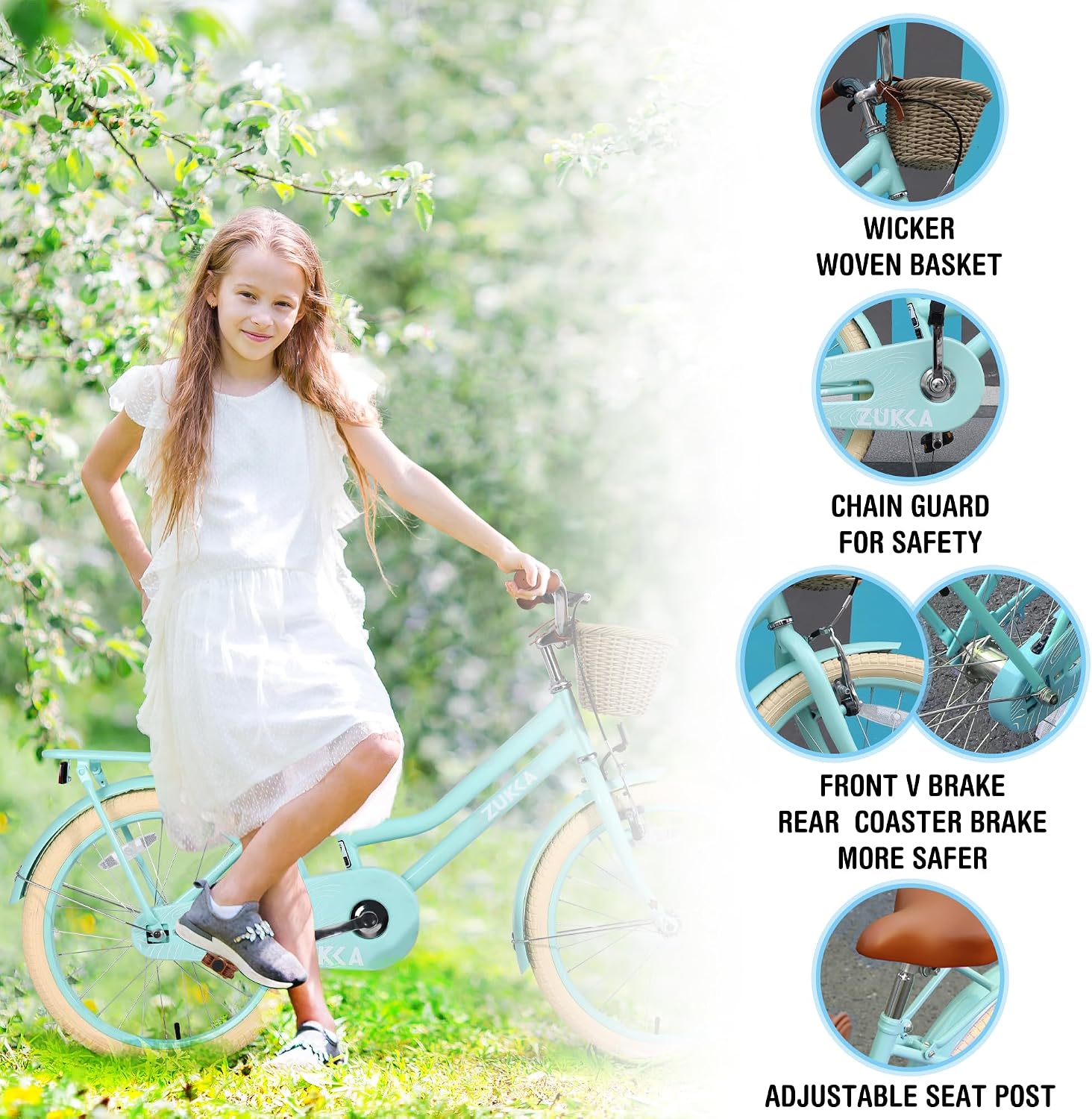 20'/24' Inch Girls Cruiser Bike 1-Speed Hybrid City Bicycle for Youth 7-10+ Years Old with Wicker Basket & Rear Rack，Kids Cycle Bikes，Hand&Pedal Brake，Steel Frame，Multiple Colors