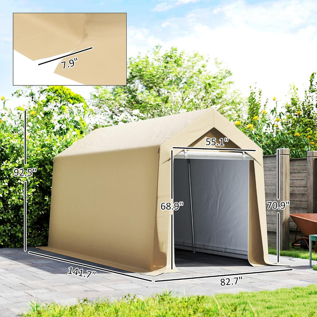 Outsunny 7' x 12' Portable Storage Shed Shelter, Heavy Duty Outdoor Shed, Waterproof Garden Storage Tent with Ventilation Window and Roll-up Zipper Door for Bike, Motorcycle, Garden Tools, Beige