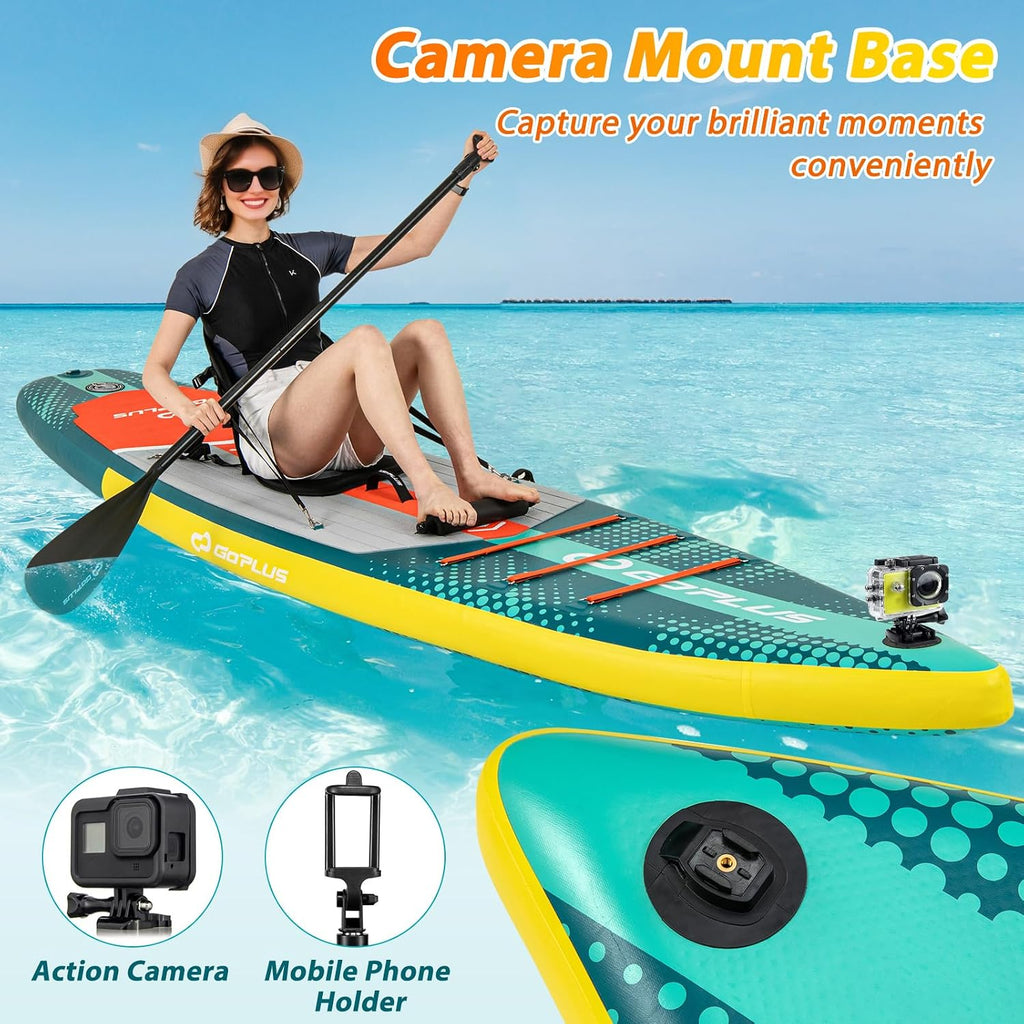 Goplus Inflatable Stand Up Paddle Board for Adults, 11FT SUP w/Premium Kayak Seat, Adjustable Paddle, Leash, Hand Pump, Repair Kit, Waterproof Phone Pouch, Backpack, Non-Slip Deck