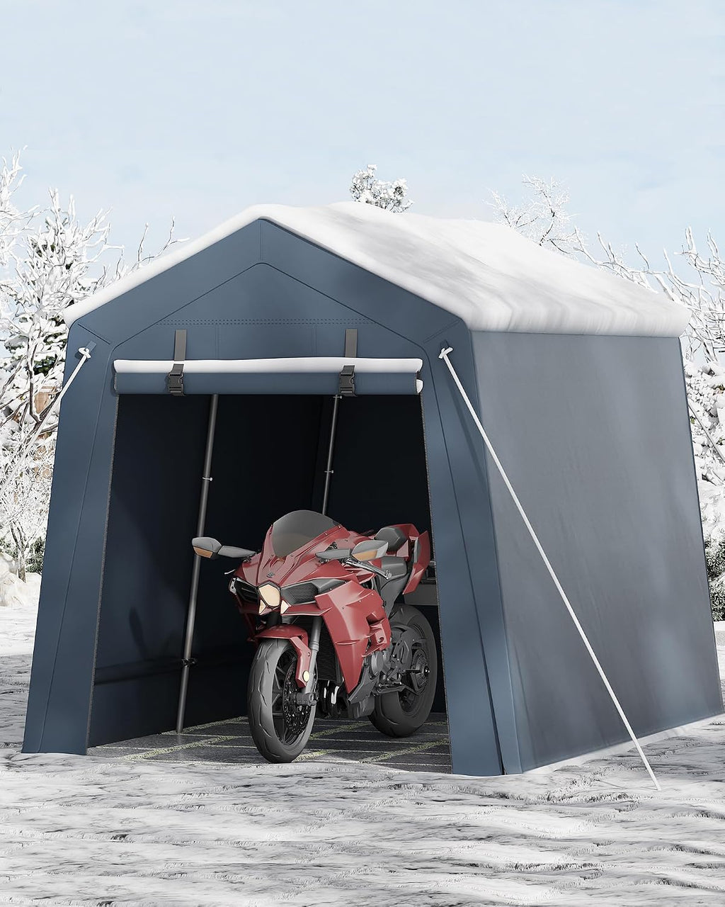 GarveeHome 6x6 FT Portable Outdoor Storage Shed with Roll-Up Zipper Door & Vent, 240G Heavy-Duty Shelter Waterproof PE Tarp, UV-Resistant Carport for Motorcycle, Firewood, Tools -Gray (Gray, 7x10)