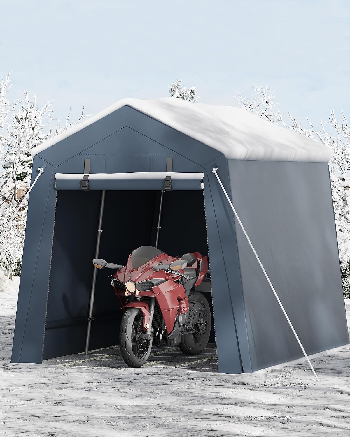 GarveeHome 6x6 FT Portable Outdoor Storage Shed with Roll-Up Zipper Door & Vent, 240G Heavy-Duty Shelter Waterproof PE Tarp, UV-Resistant Carport for Motorcycle, Firewood, Tools -Gray (Gray, 7x10)