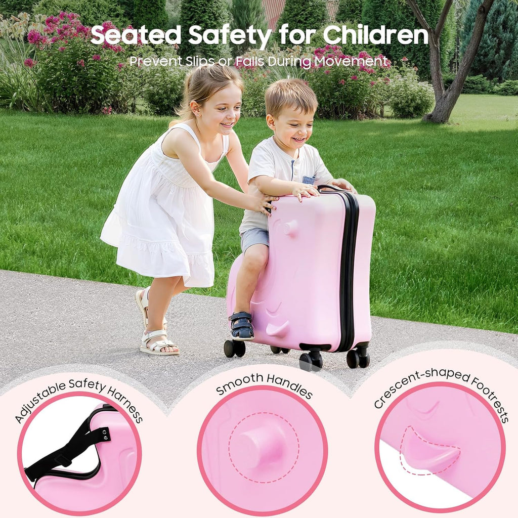 20Inch Kid Ride Suitcase, Portable Kids Travel Suitcase with Lock & Safety Belt, Floor Standing Children's Travel Trolley Case, Ride On Suitcase for Kids Aged 3-6 Years Old