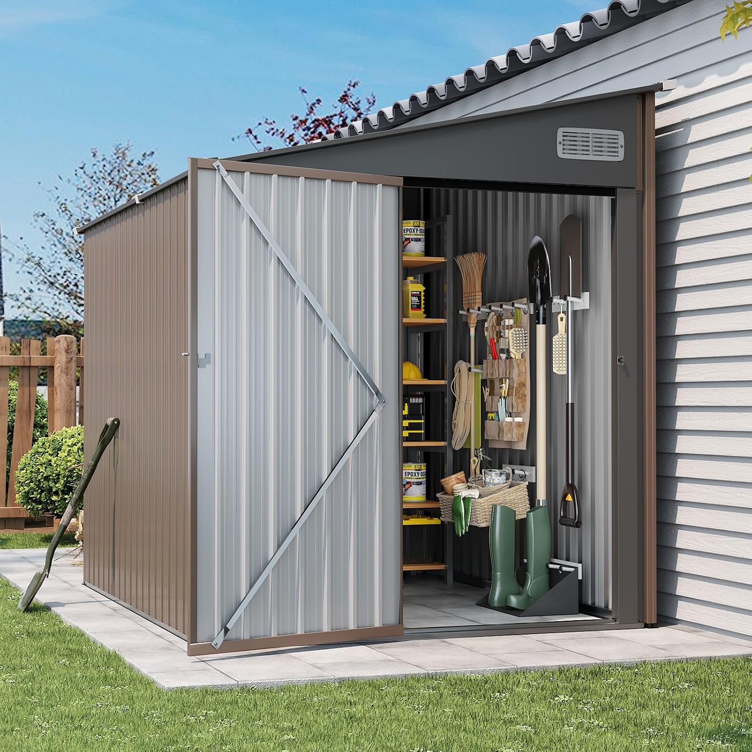 7'x5.5' Lean to Shed Large Storage Room Galvanized Steel Storage Sheds with Side Door Waterproof Utility Shed with Sloped Roof for Mower, Bike, Garden Tools (Brown)