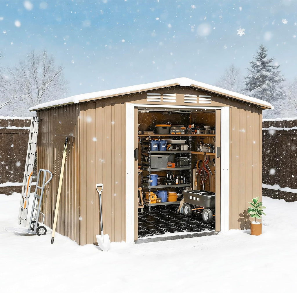 Gotland 8FT x 6FT Shed with Floor, Metal Shed with Sloped Steps Waterproof Sloped Roof, Storage Shed with 2 Lockable Slide Doors, Outdoor Shed for Backyard Patio Lawn Brown