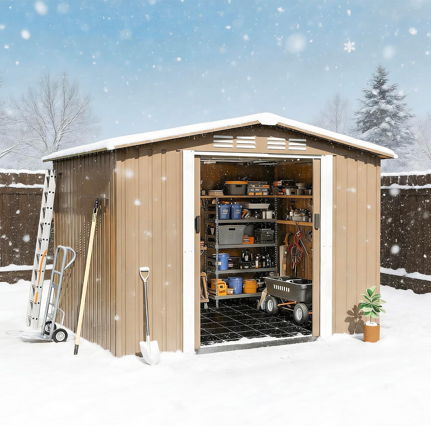Gotland 8FT x 6FT Shed with Floor, Metal Shed with Sloped Steps Waterproof Sloped Roof, Storage Shed with 2 Lockable Slide Doors, Outdoor Shed for Backyard Patio Lawn Brown